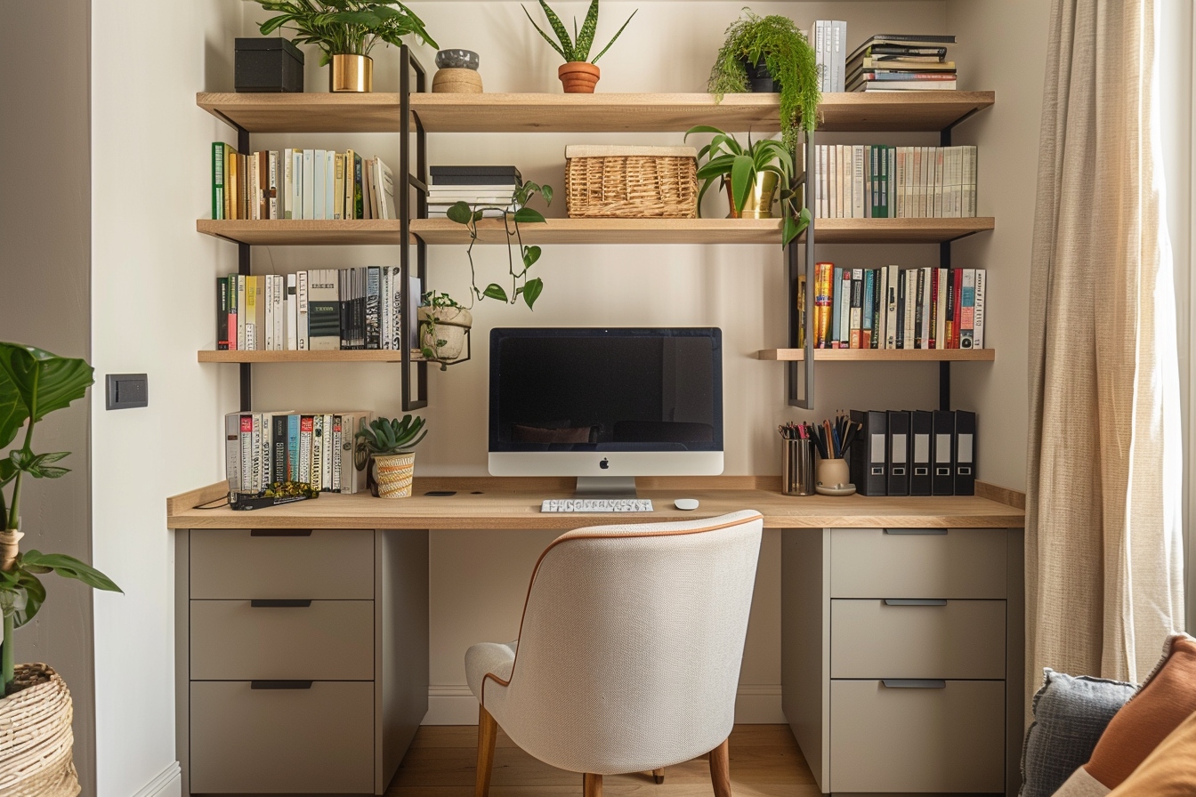Vue d'un coin bureau fonctionnel et élégamment aménagé dans un petit appartement à Hyères